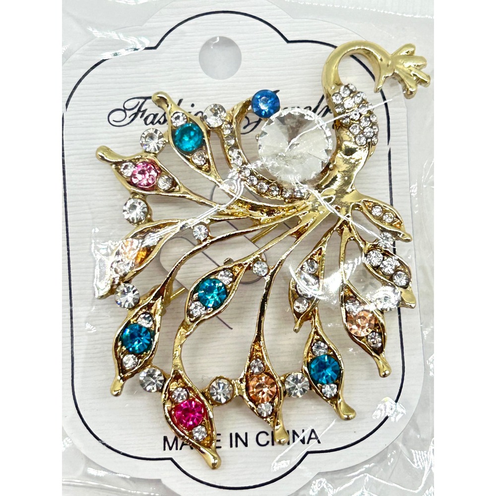 Fashion Jewelry Gold Tone Peacock Brooch Pin Multi Color Rhinestone Jewelry New